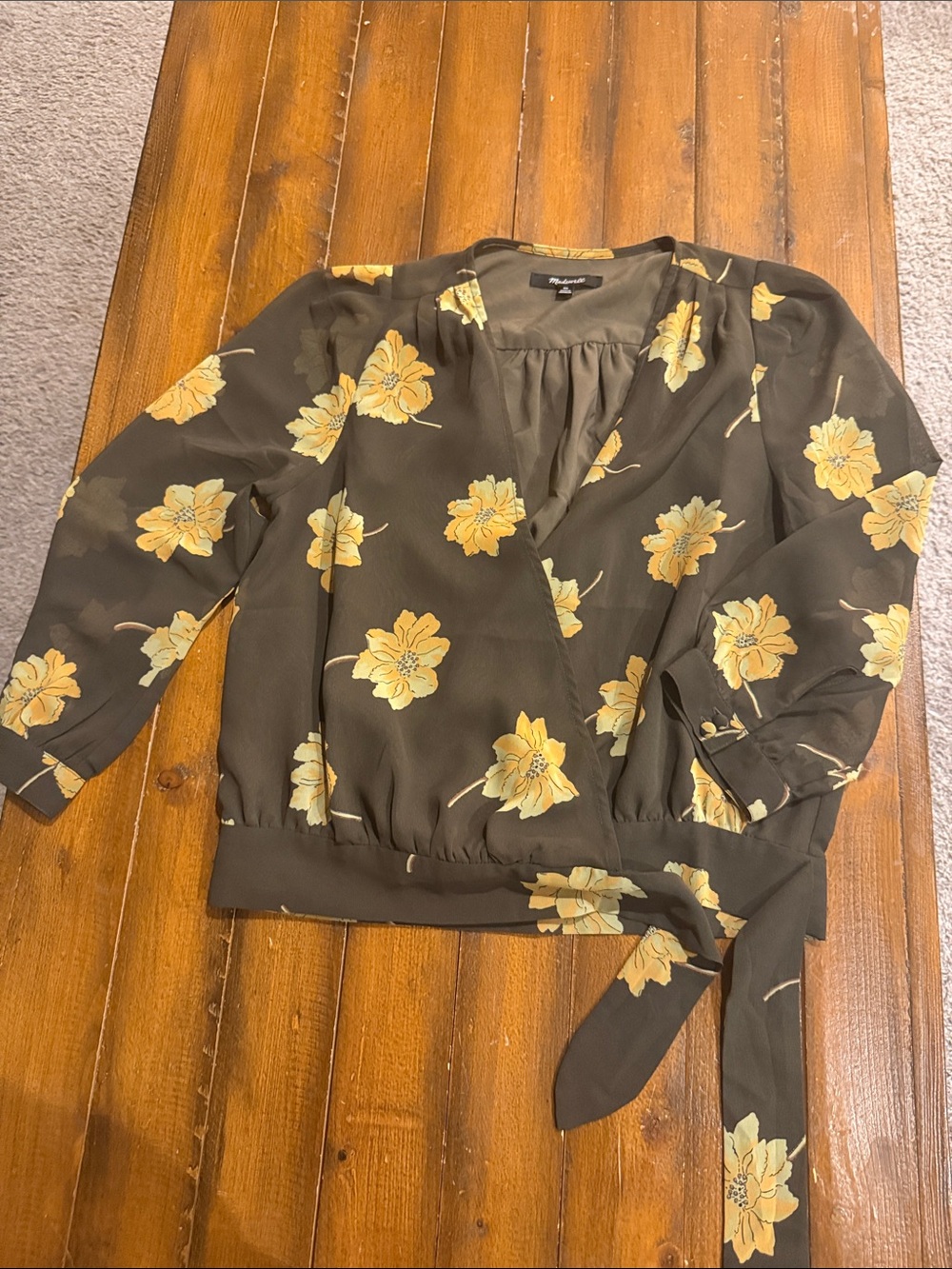 Madewell Olive Green Wrap Blouse with Yellow Floral Print